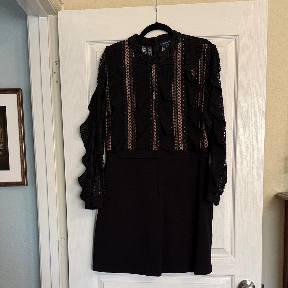 French Connection Black Long Sleeve Dress with Lace Accents